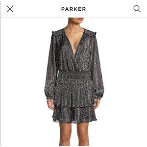 Parker "Brianna" Metallic black silver mini dress ruffles long sleeves women's S